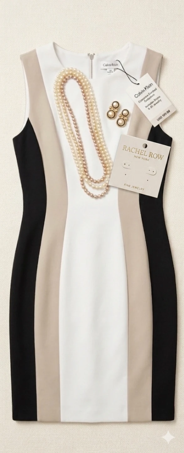 Calvin Klein colorblock sheath dress with Rachel Row earrings