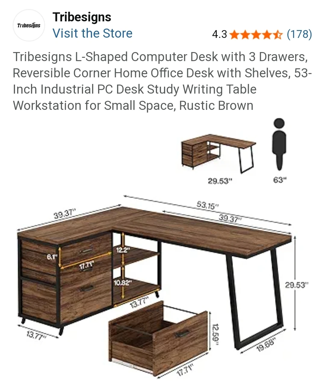NEED GONE Tribesigns L-Shaped Computer Desk with 3 Drawers - photo 4