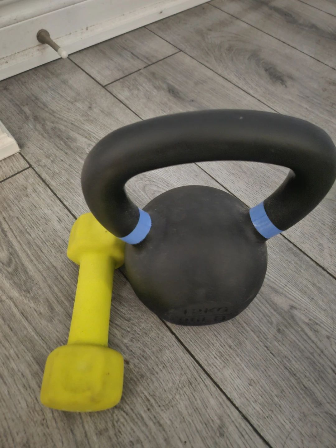 Black Kettlebell and Yellow Dumbbell Set