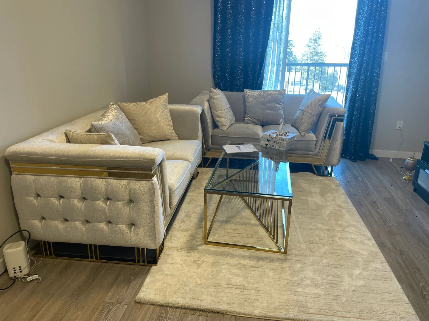 Beige Love Seat and Sofa with Gold Trim