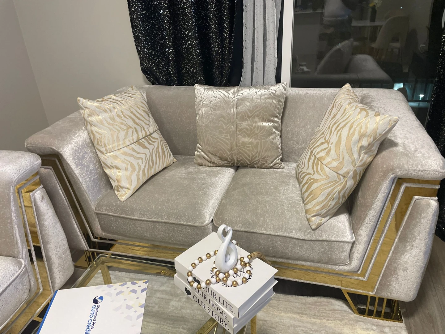 Beige Love Seat and Sofa with Gold Trim - photo 2