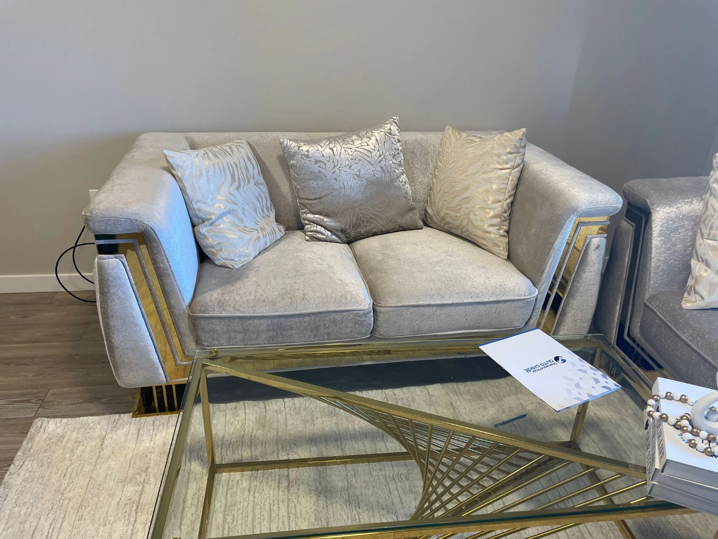 Beige Love Seat and Sofa with Gold Trim - photo 3