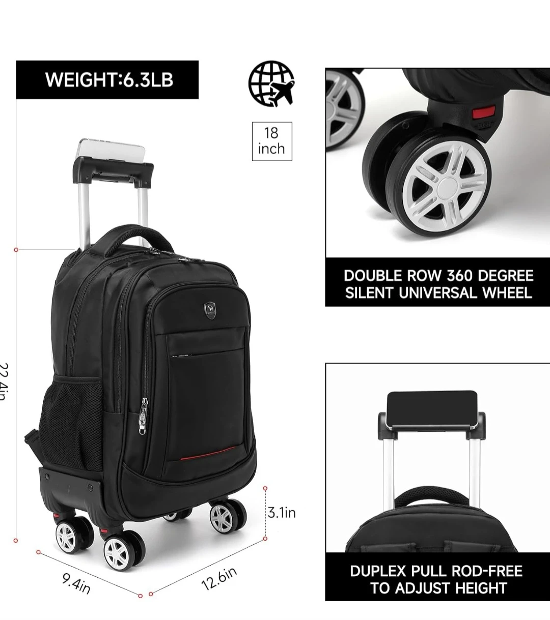 Black Rolling Backpack - 18 inch