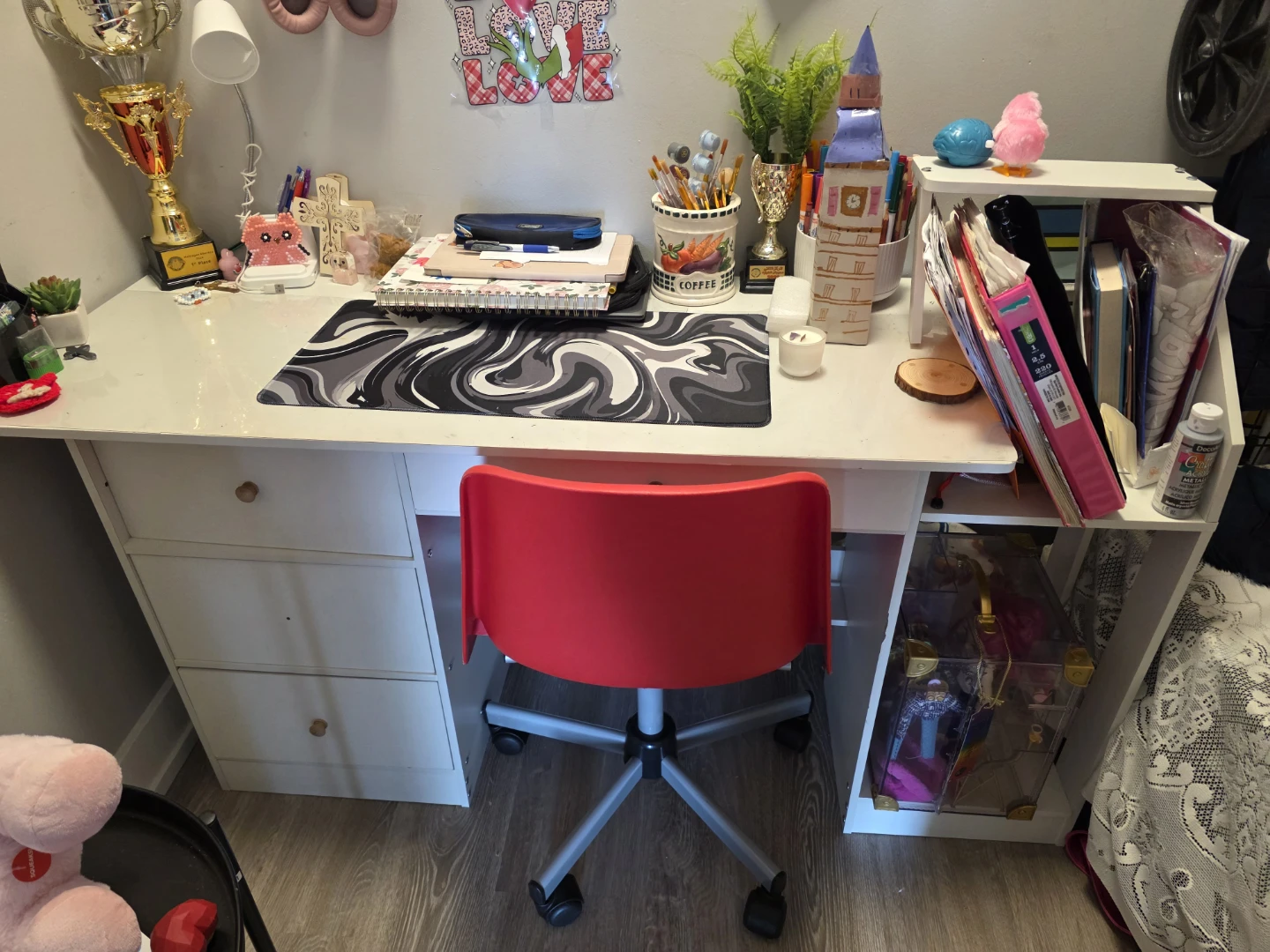 White Desk with Red Swivel Chair