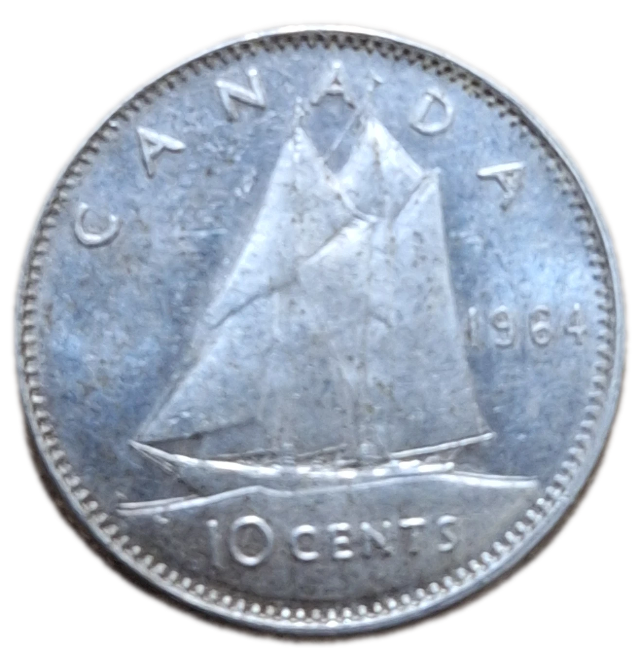 Silver 1964 Canadian dime, 80% purity.