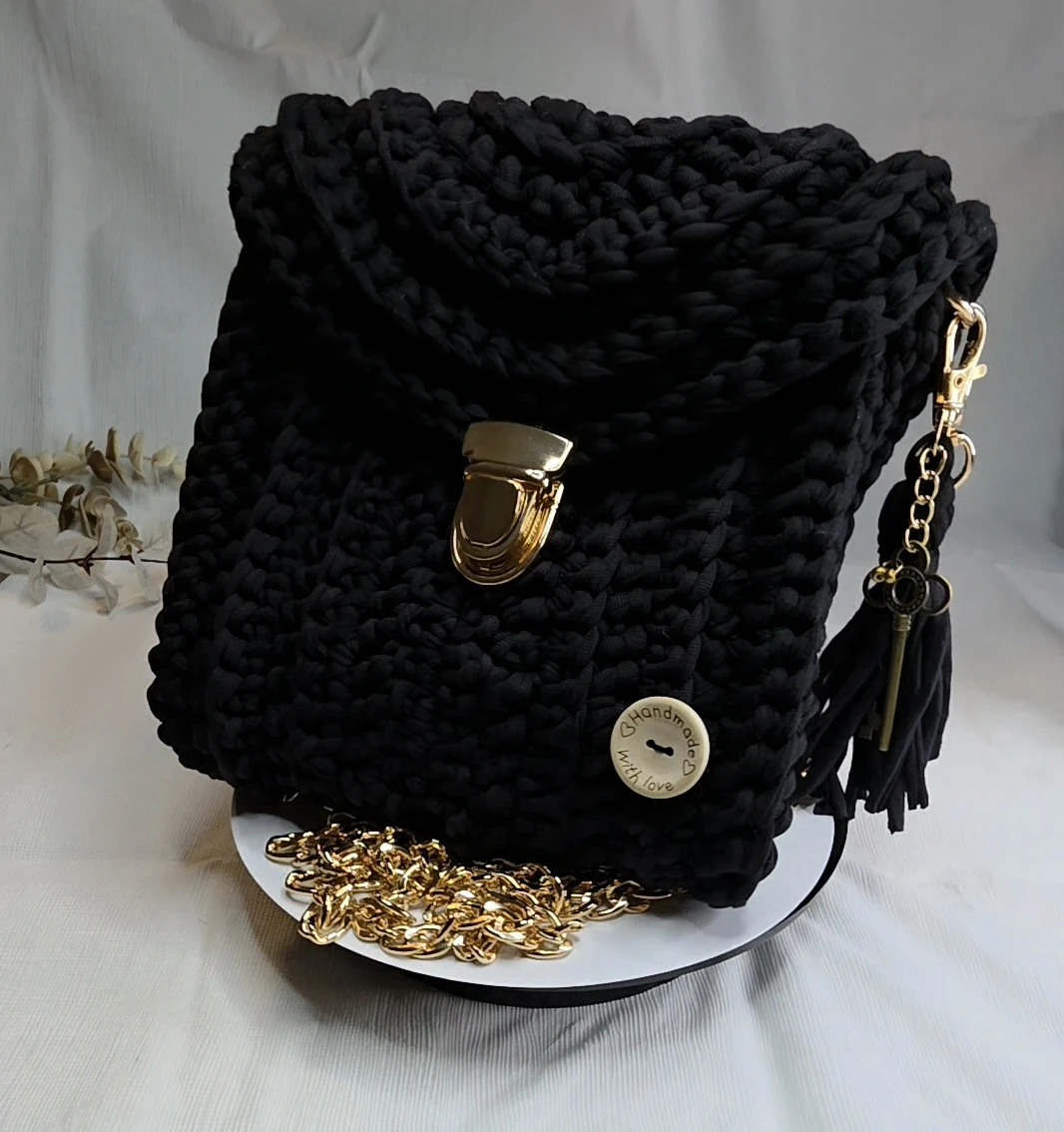 Handmade Crochet Black Shoulder Bag with Gold Chain