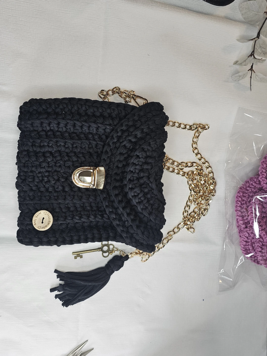 Handmade Crochet Black Shoulder Bag with Gold Chain - photo 2