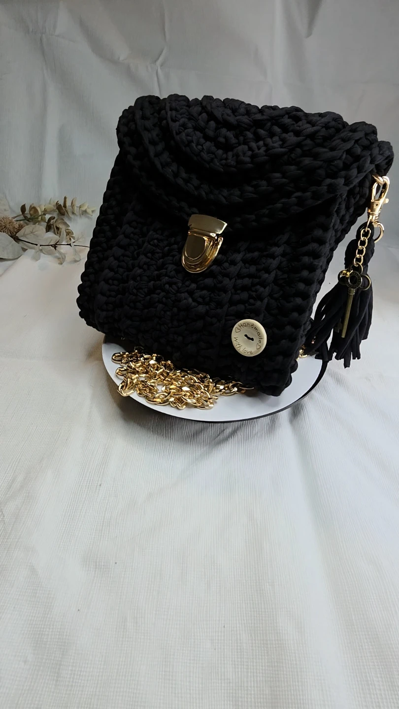 Handmade Crochet Black Shoulder Bag with Gold Chain - photo 4