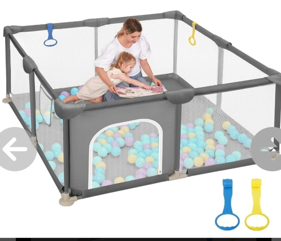 Grey Playpen with Toys and Mat