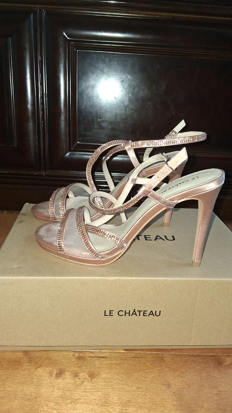 Le Château Rose Gold Embellished Heeled Sandals - Size 38 (7.5)