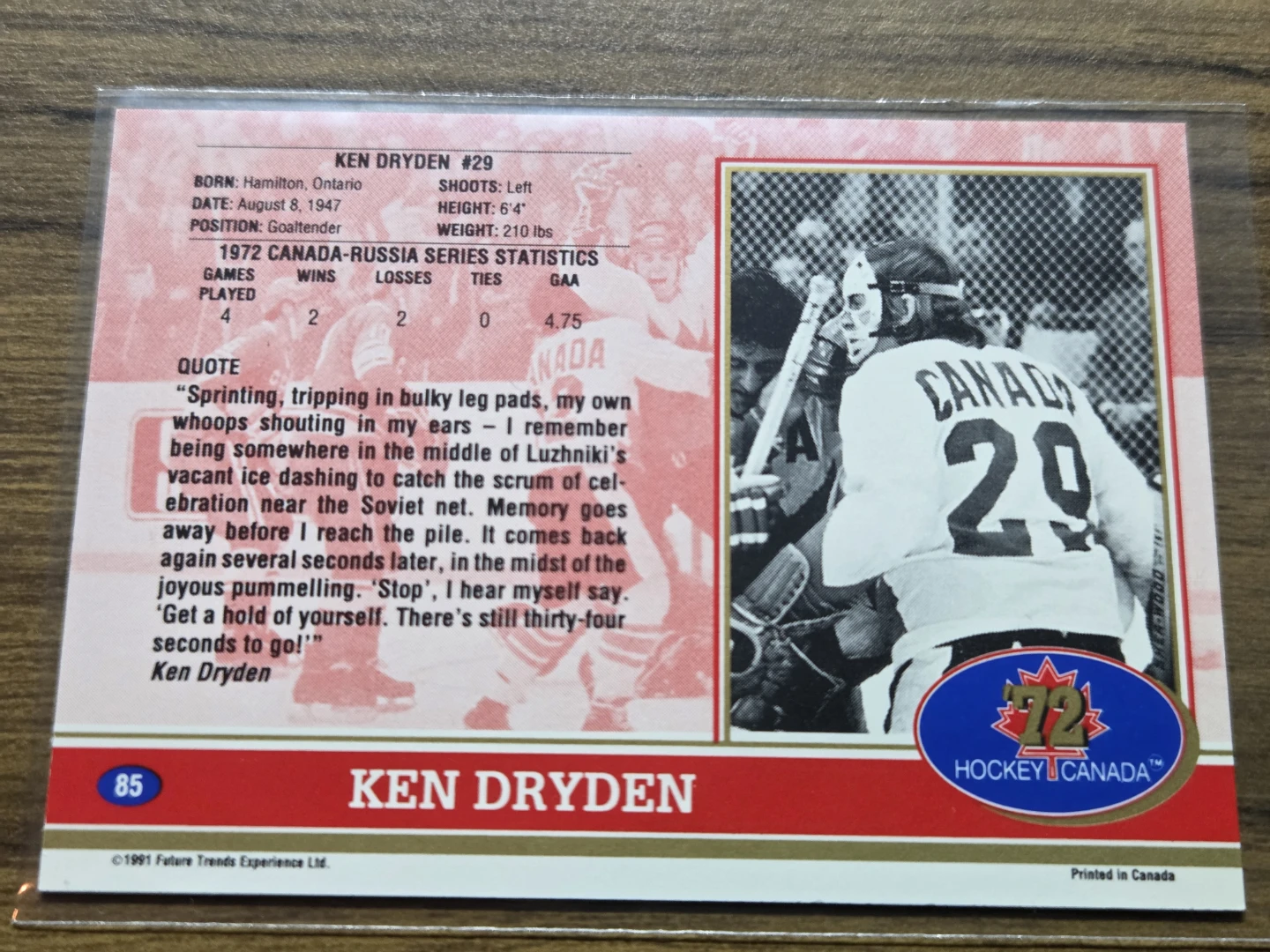 Ken Dryden 1972 Hockey Canada Trading Card - photo 2