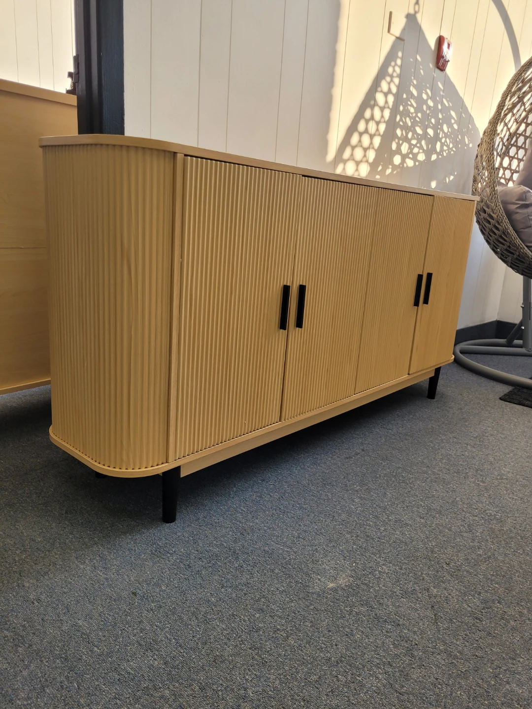 Modern Fluted Wood Cabinet with Black Legs