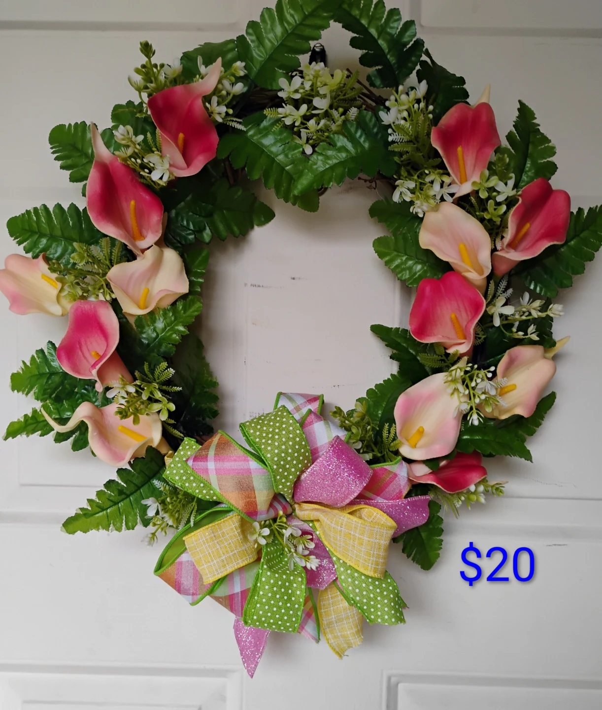 Calla Lily Wreath with Pink & Yellow Bow