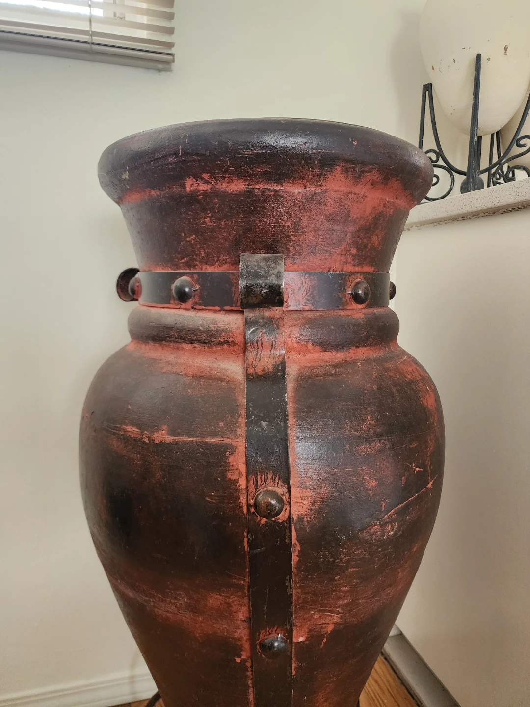 Authentic Mexican Amphora Urn with Wrought-iron Cage and Base - photo 2