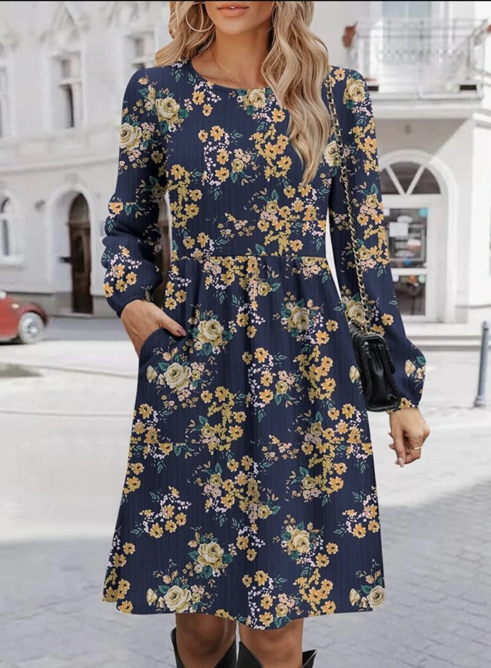 Zeagoo Navy Floral Print Long Sleeve Dress with Pockets