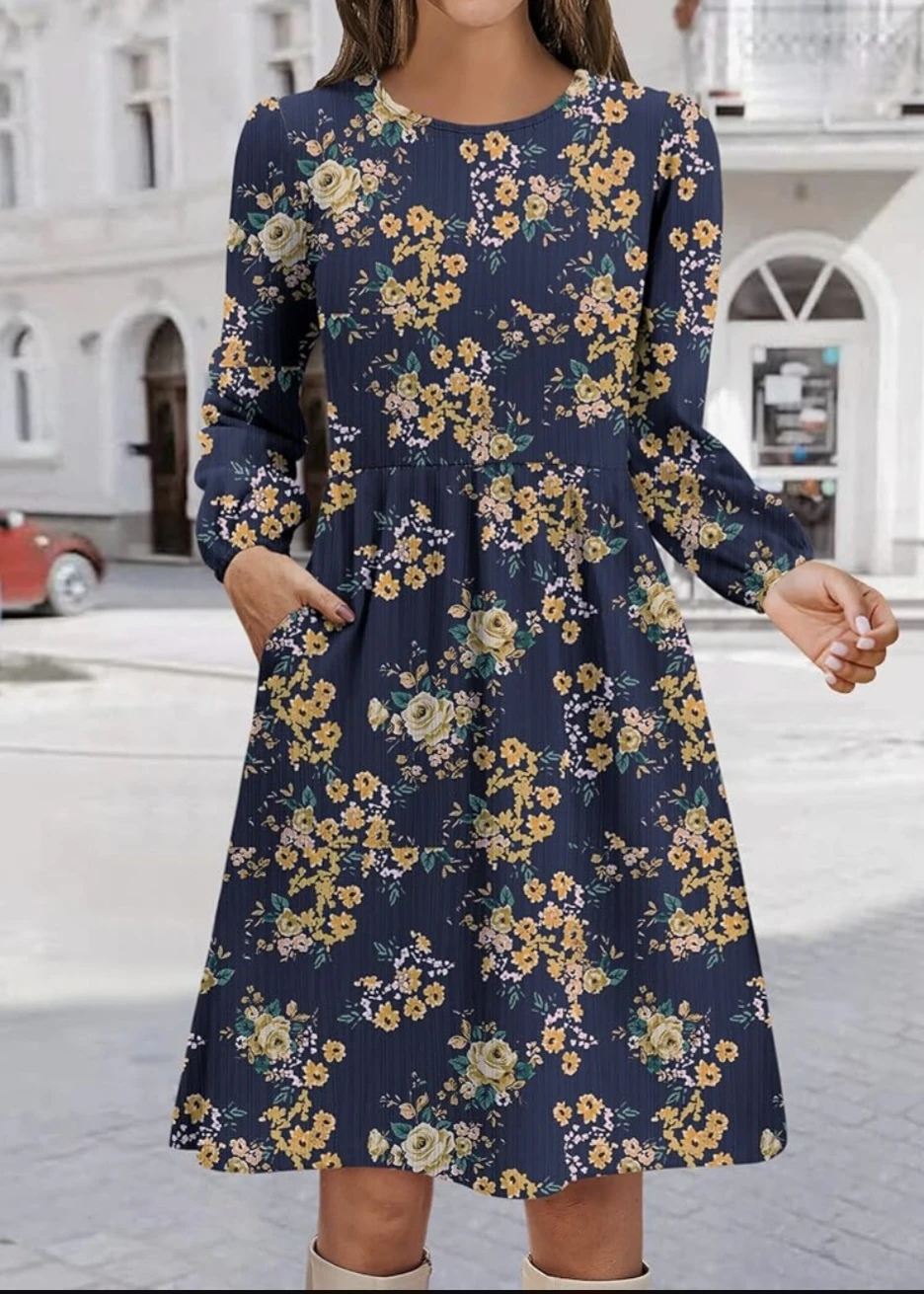 Zeagoo Navy Floral Print Long Sleeve Dress with Pockets - photo 2