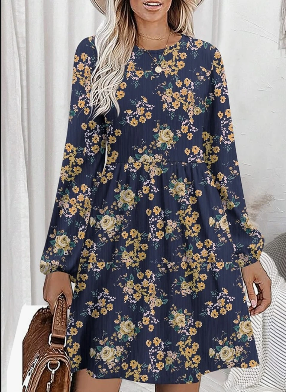 Zeagoo Navy Floral Print Long Sleeve Dress with Pockets - photo 3