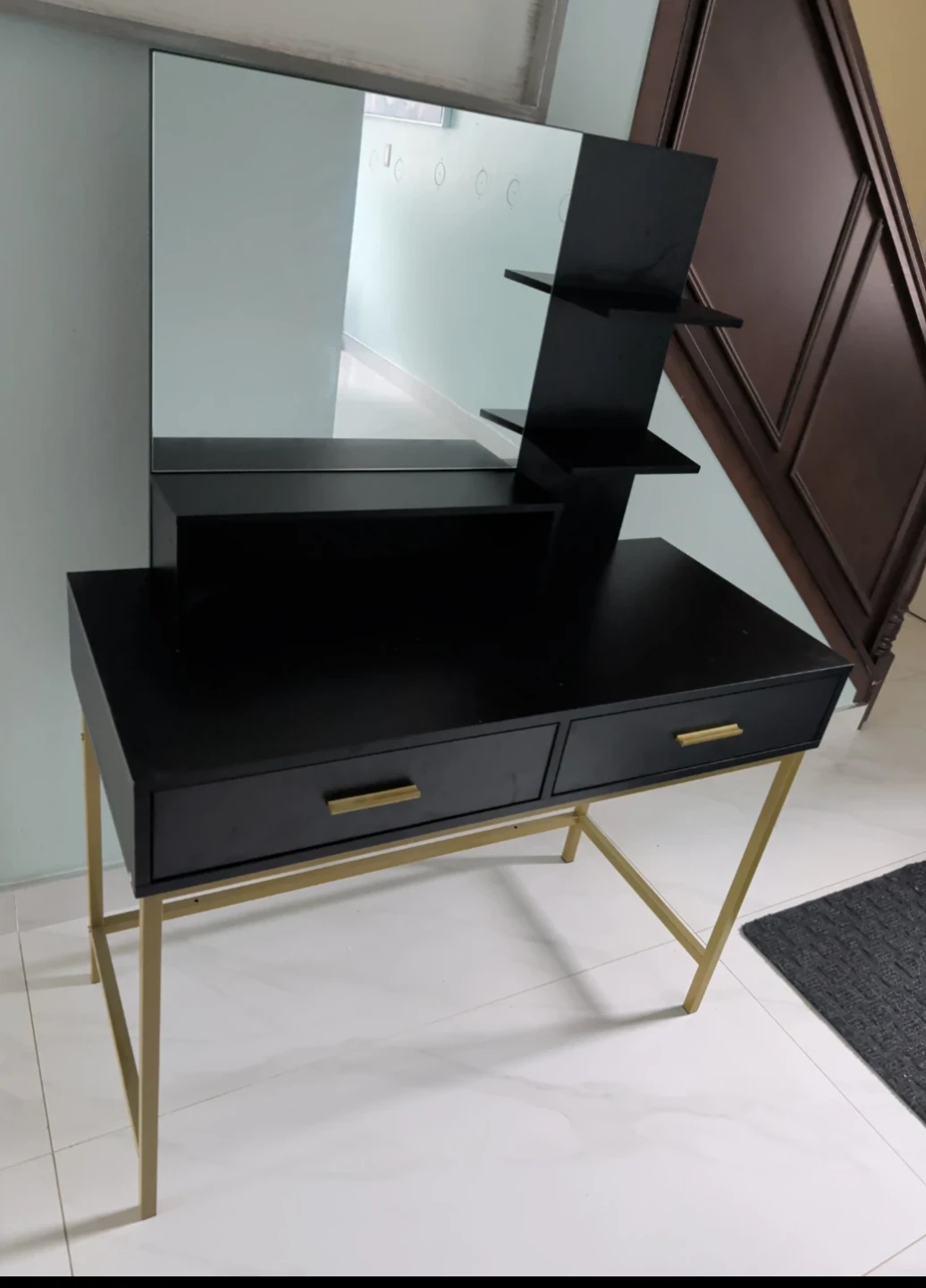 Black Vanity Desk with Mirror, Shelves, and Lights