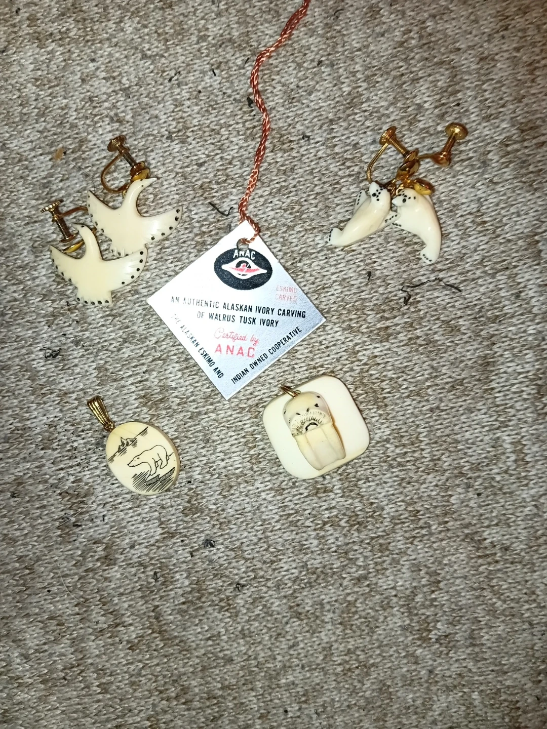 Carved Walrus Tusk Ivory Pendant and Earrings Set