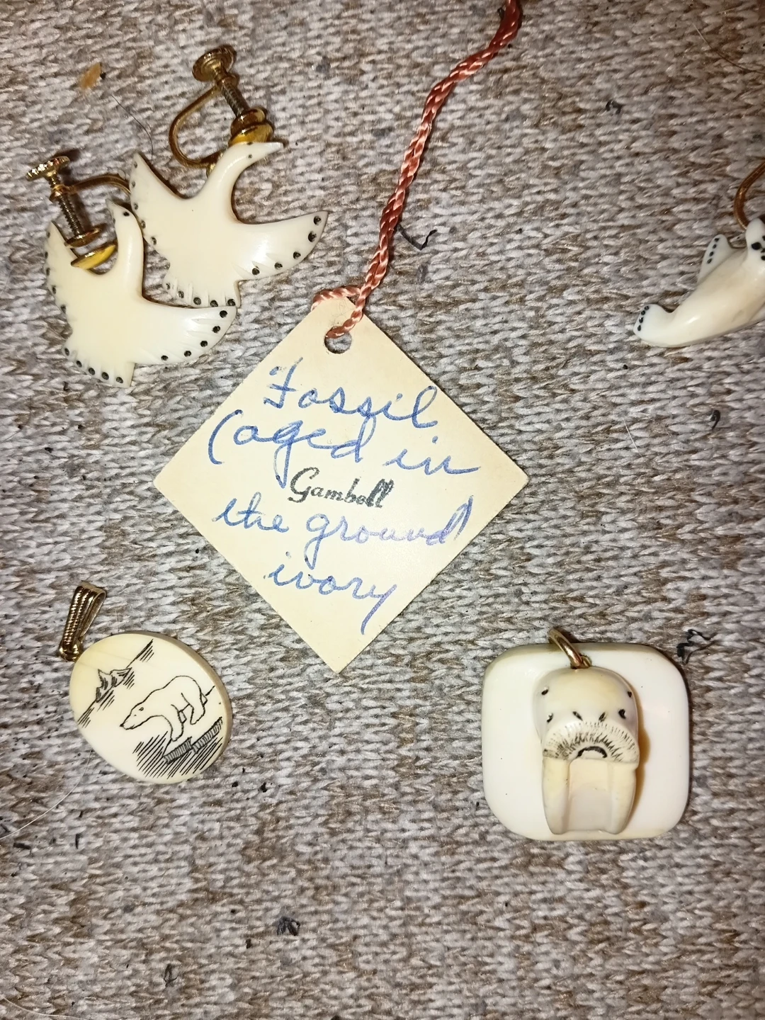 Carved Walrus Tusk Ivory Pendant and Earrings Set - photo 2