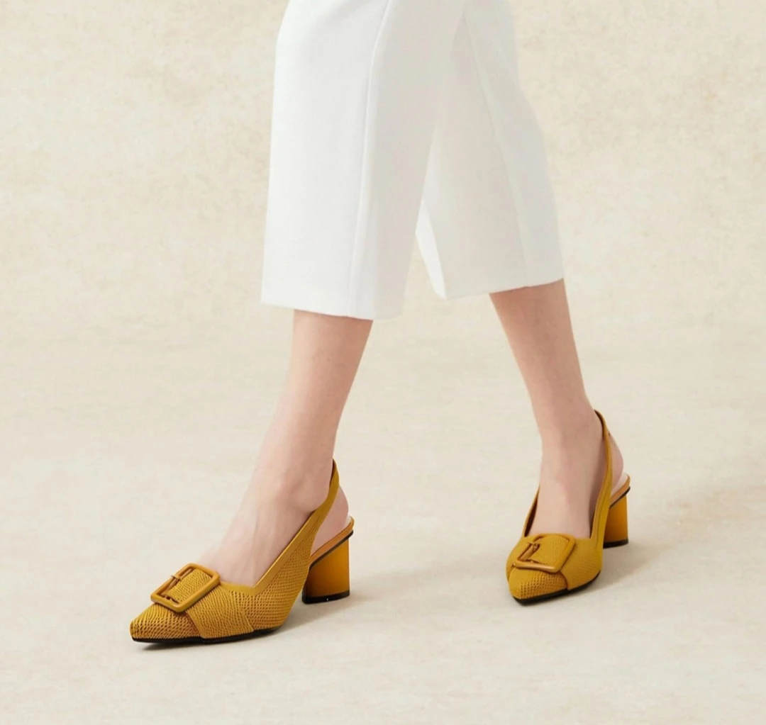 Women's Yellow Slingback Heels with Buckle Accent