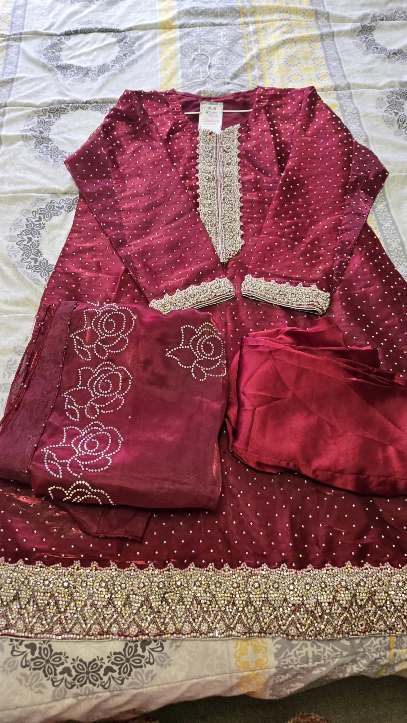 Maroon Embellished Kurti with Dupatta and Pants