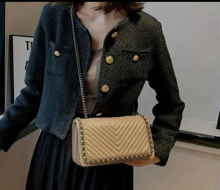 Beige Quilted Chain Shoulder Bag