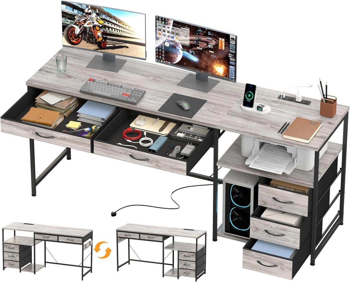 Computer Desk with Drawers and Shelving - Rustic Wood Finish - photo 2