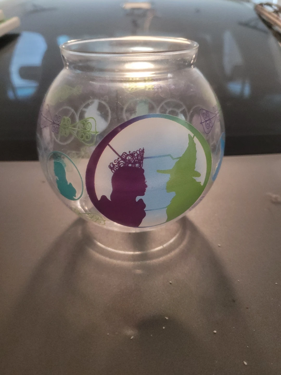 Glass plastic  jar with wizard and princess graphics