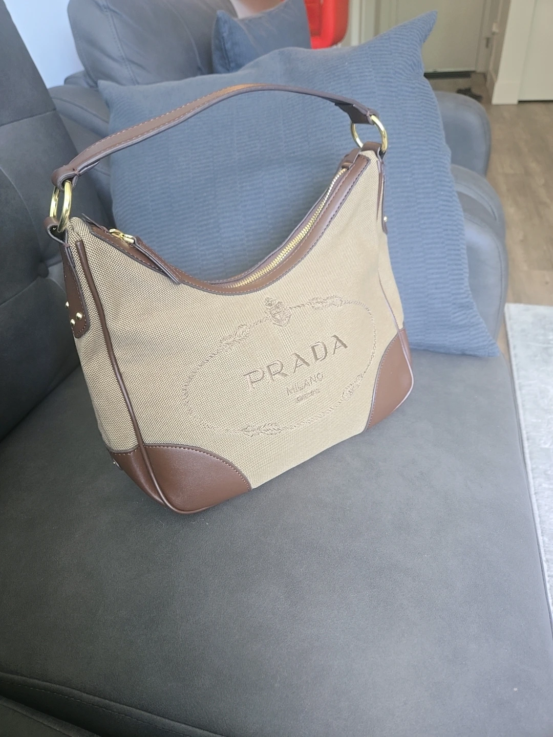 PRADA Hobo Bag - Tan Canvas & Brown Leather - photo 2