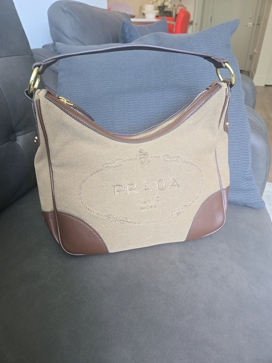 PRADA Hobo Bag - Tan Canvas & Brown Leather - photo 4