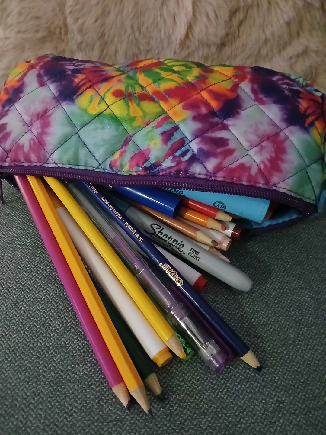 Quilted Tie-Dye Pencil Case with Assorted Pens & Pencils