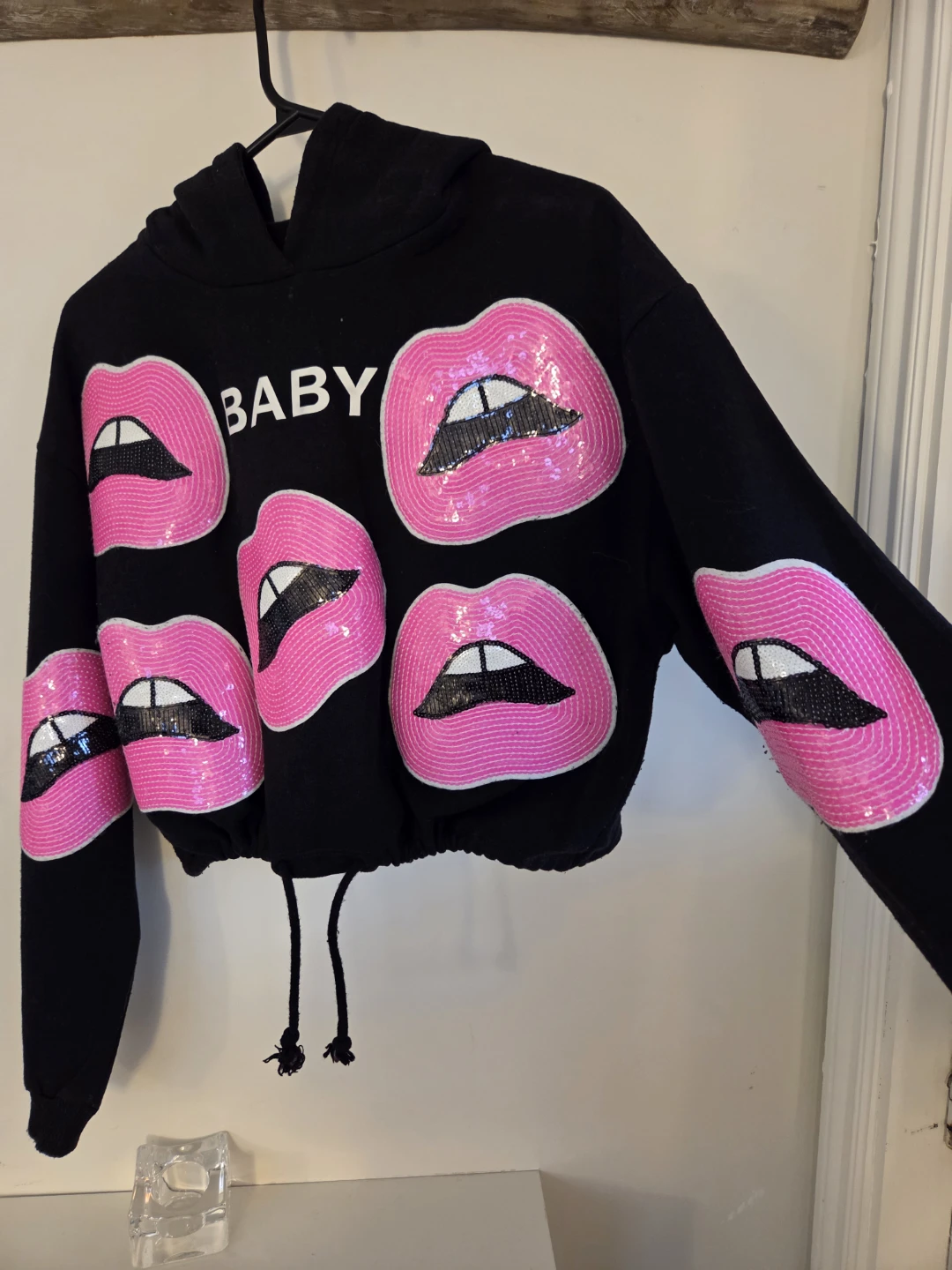 Black Crop Hoodie with Pink Sequin Lips and 'BABY' Text