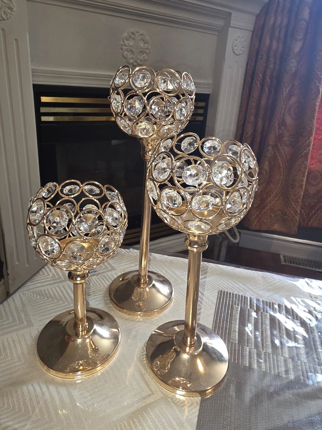 Set of 3 Gold Crystal Candle Holders