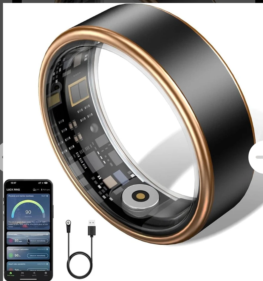 LuckRing Smart Ring - Size 8, color black with golden rim
