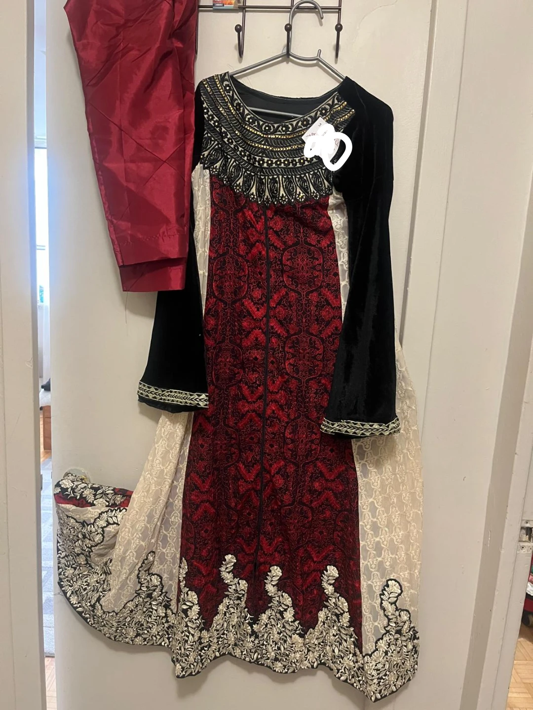 Embroidered Red and Black Kurti with Salwar
