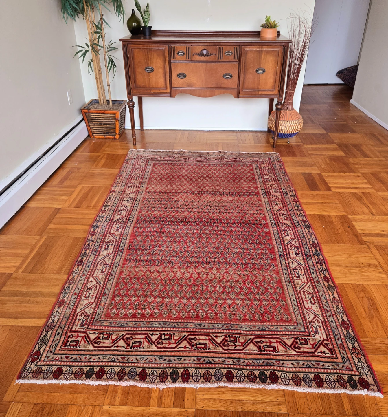 Hand Woven Persian Red, Green, And Grey Carpet Area Rug