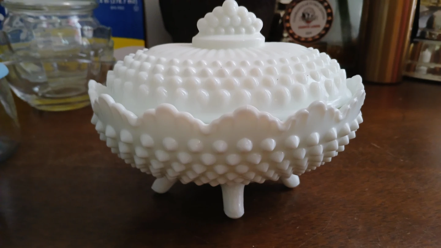 Vintage White Hobnail Milk Glass Covered Candy Dish