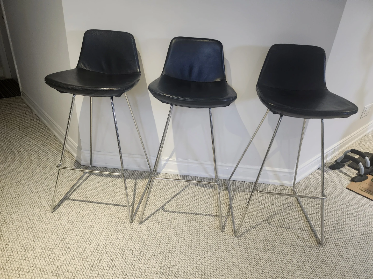 Set of 3 Black Leather Bar Stools