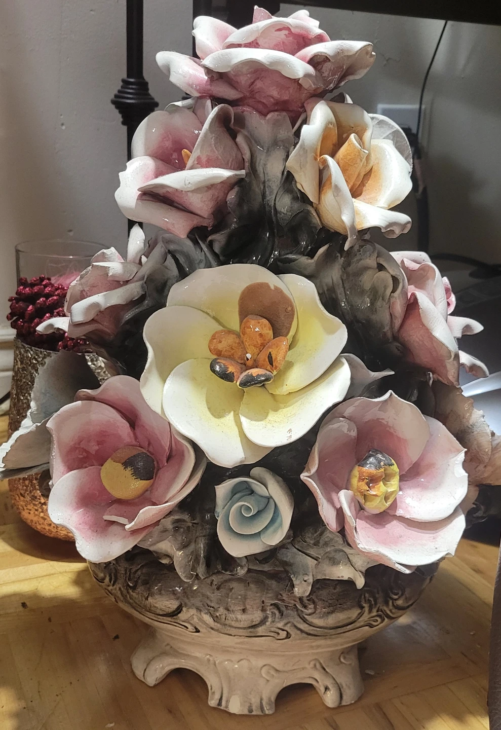 vintage Italian Capodimonte porcelain floral centerpiece vase
