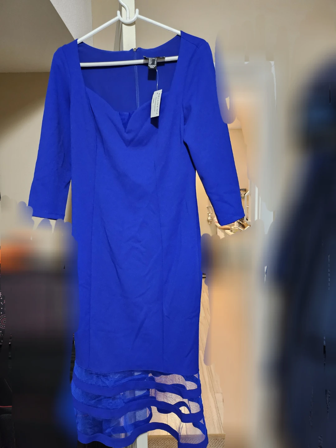Blue Long Sleeve Dress with Mesh Hem
