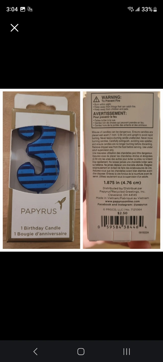 Papyrus Blue Striped Number 3 Birthday Candle
