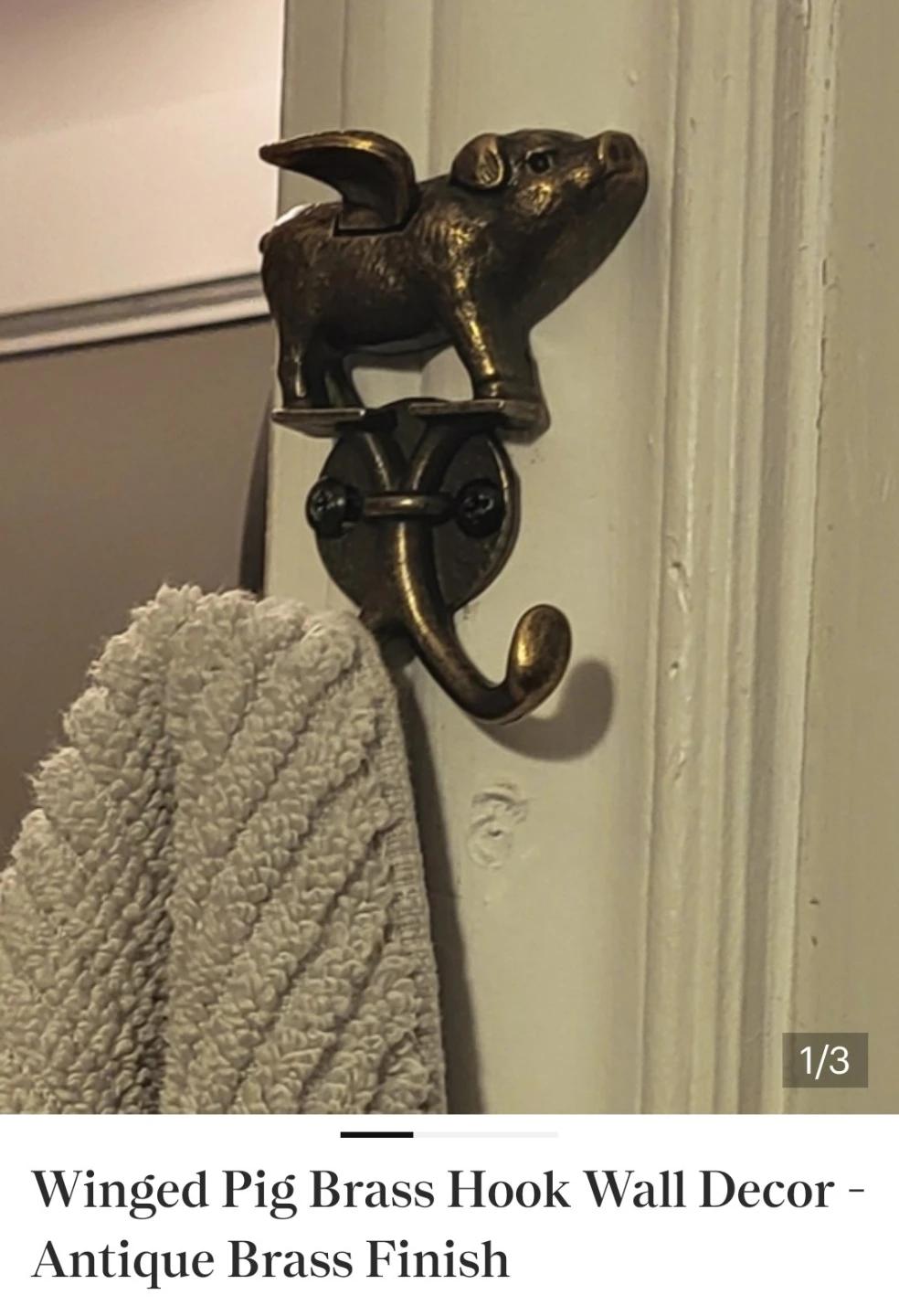 Winged Pig Brass Hook - Antique Brass Finish