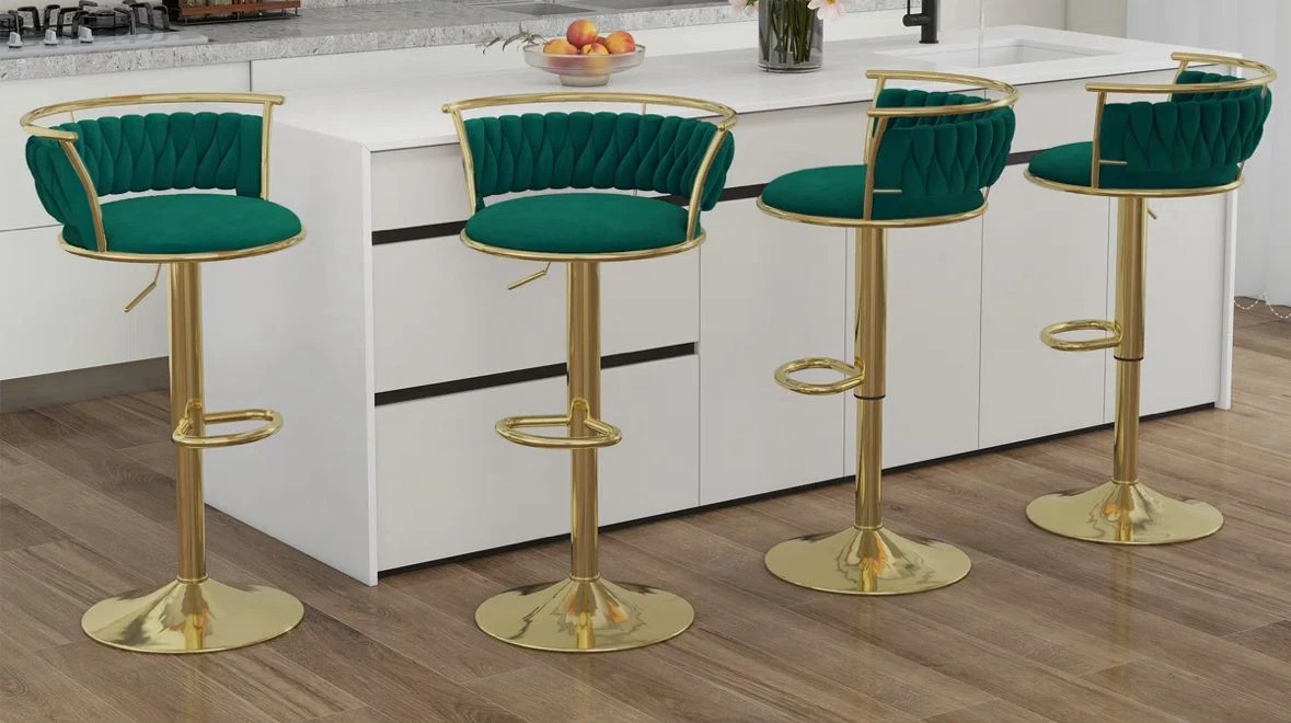 Set of 4 Emerald Green Velvet Bar Stools with Gold Base