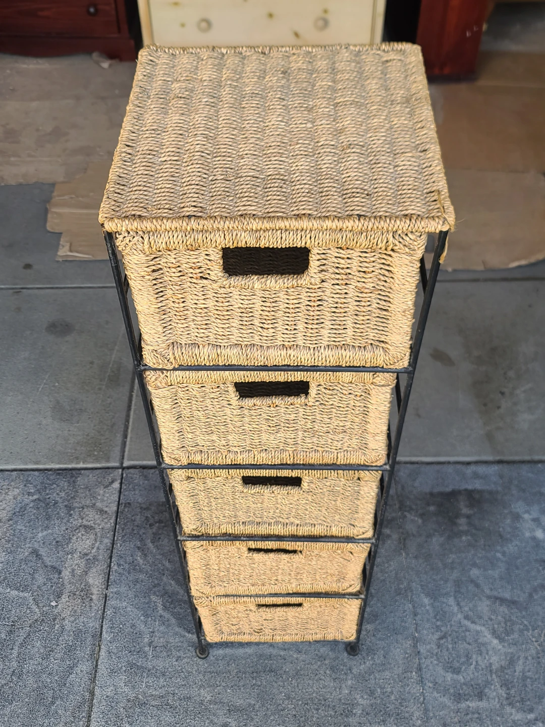 Wicker Basket Storage Tower with Metal Frame