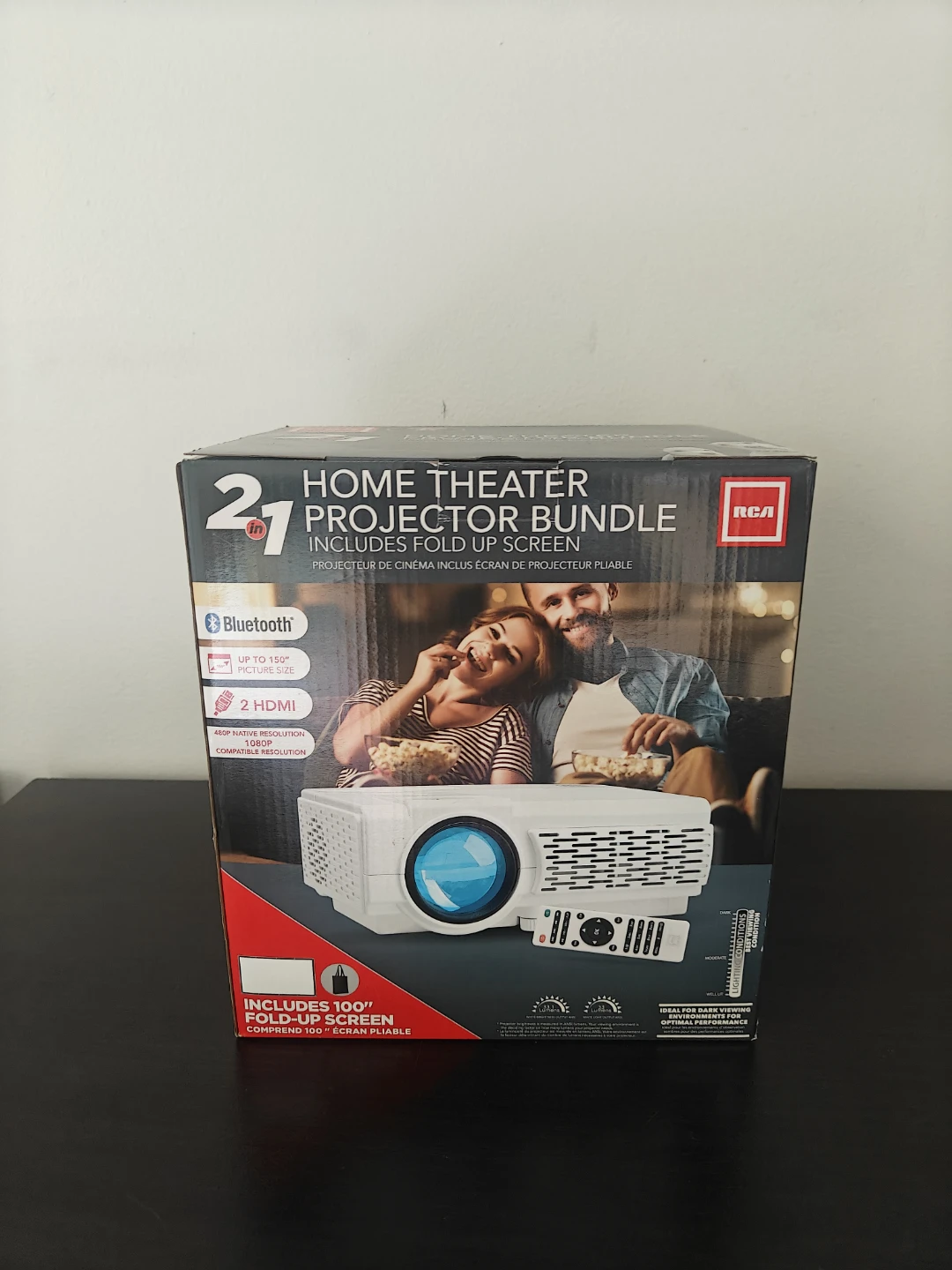 RCA 2-in-1 Home Theater Projector Bundle with 2 Fold Up Screens