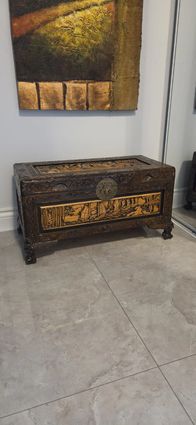 Vintage Carved Wooden Chest Trunk