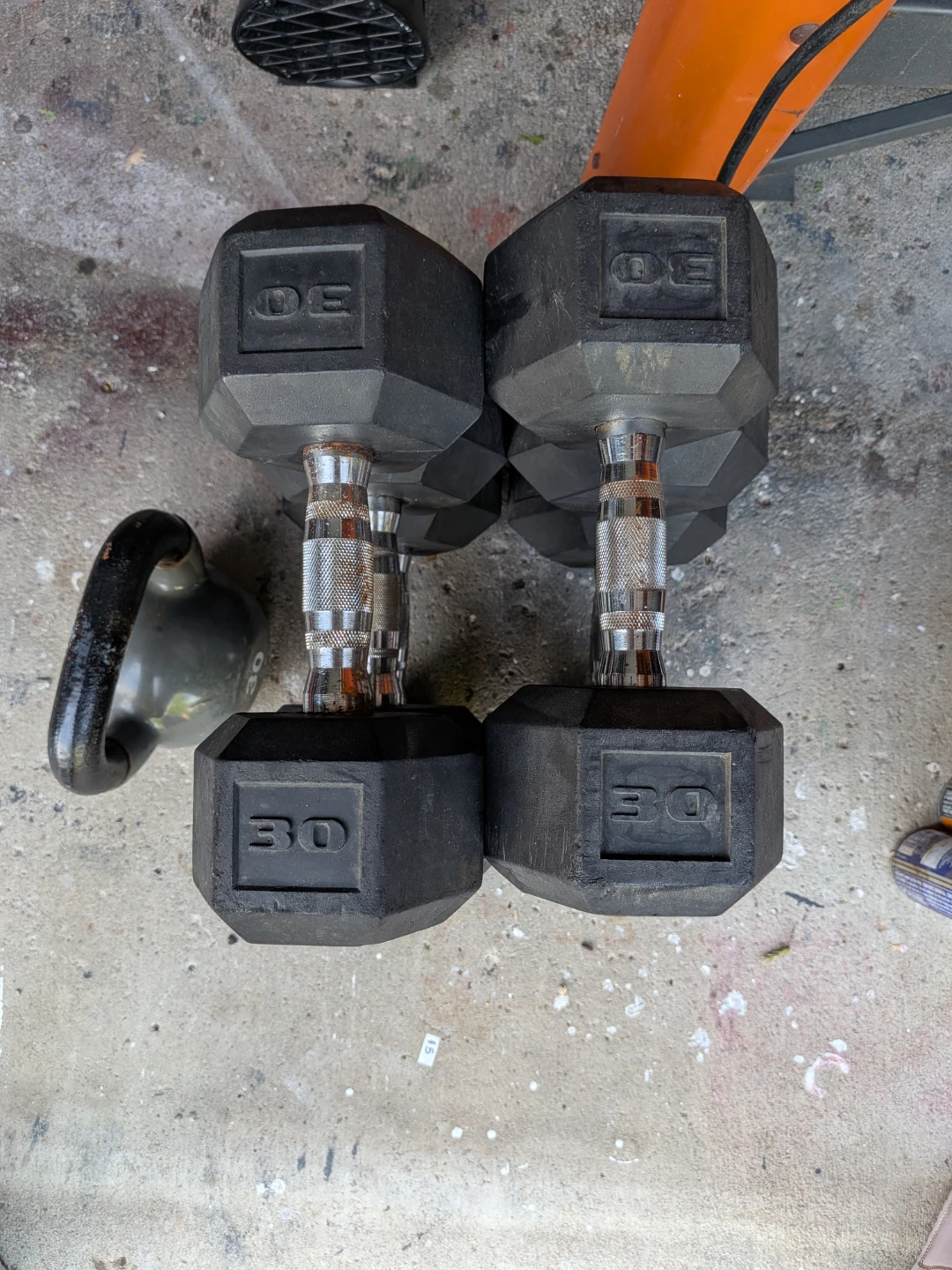 Set of Rubber Hex Dumbbells and Kettlebell
