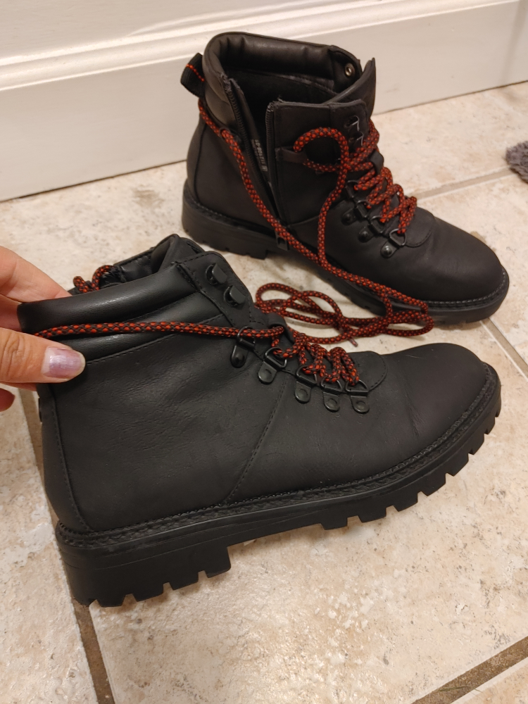 Black Lace-Up Winter Boots with Red Accents