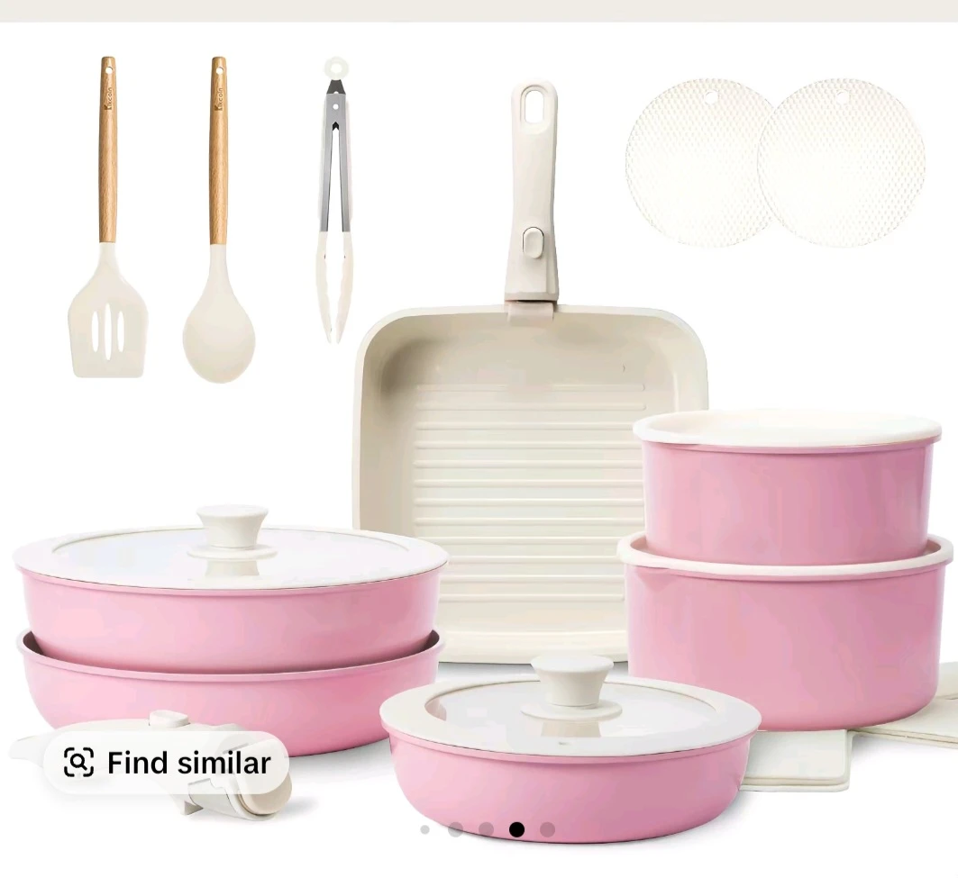 Pink Ceramic Cookware Set with Grill Pan and Utensils